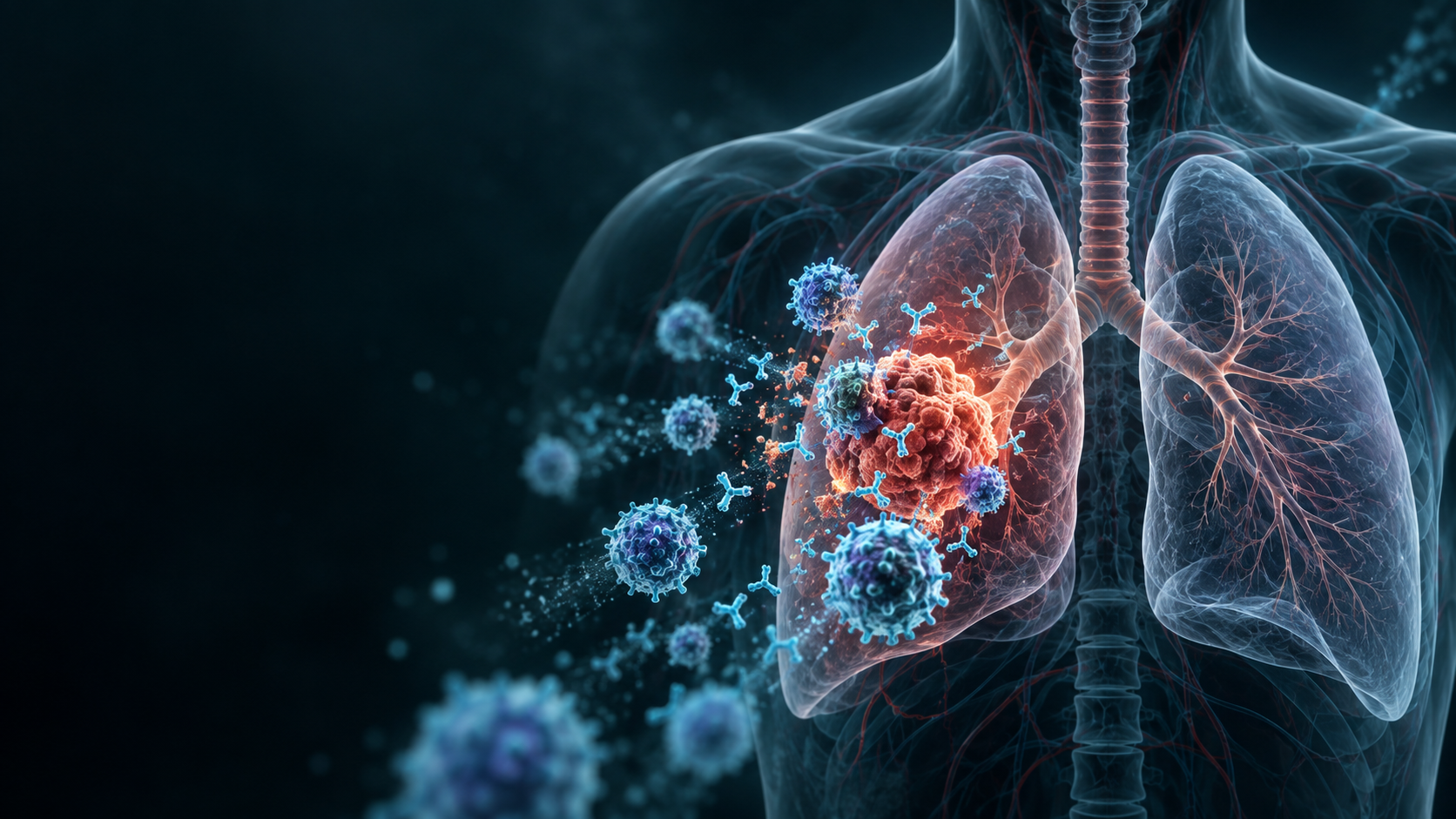 Scientific illustration of lung cancer and an immune response